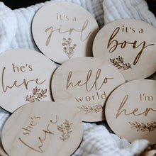 Load image into Gallery viewer, Double Sided Wooden Announcement Discs
